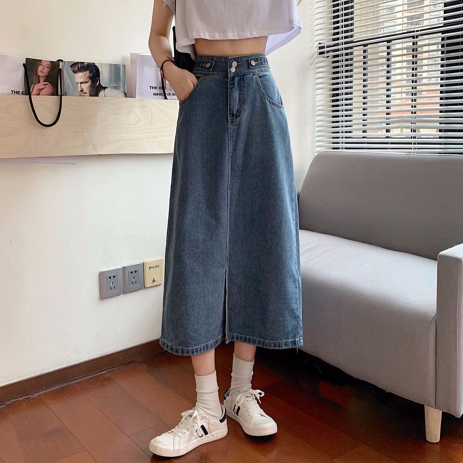 Rok denim split gaya Korea rok a-line wanita berpinggang tinggi sedang untuk menutupi rok pinggul selangkangan