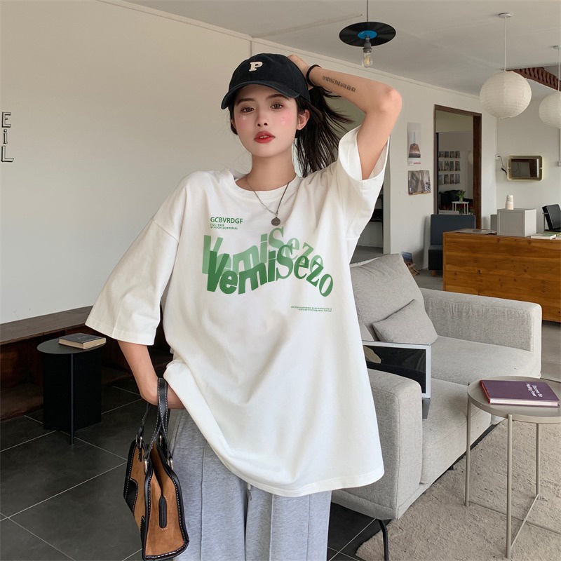 100% Katun Kaos Vintage Hitam Atasan Wanita Lengan Pendek Letter Oversize Printed T-shirt Baju Wanita Kekinian Korean Style/atasan wanita