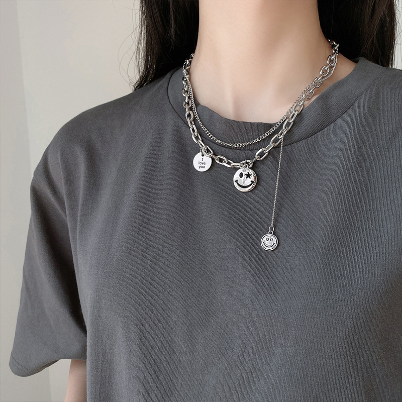 [Women Punk Chain Necklaces] [Ladies Fashion Hip Hop Clavicle Necklace] [Girls Personality Smiley Face Pendant Necklace]