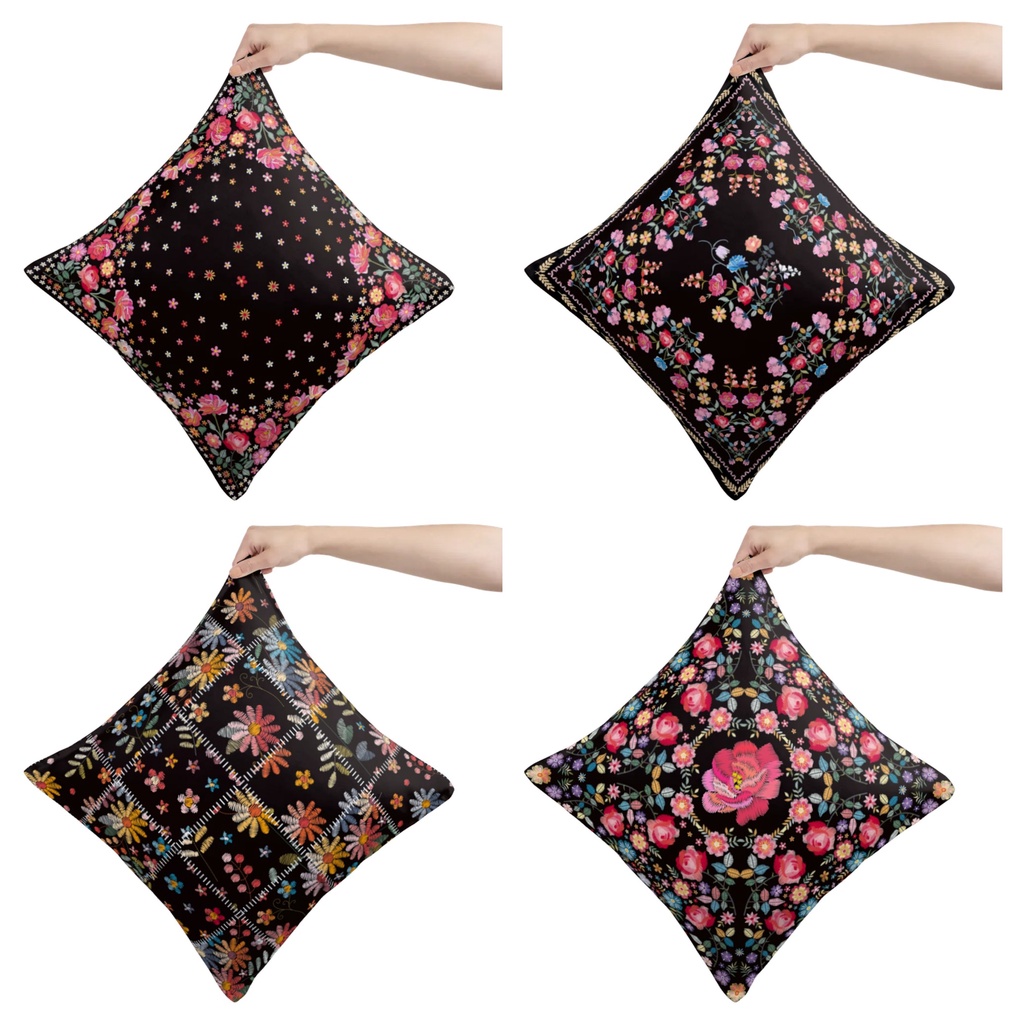 COVER SARUNG Bantal Sofa Print 40x40 cm Motif Floral Sulam Embroidered Bunga - Pusat Kado Murah