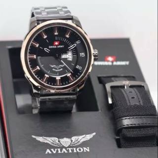 (BISA COD) JAM TANGAN COWOK SWISS SA AVIATION RANTAI TANGGAL HARI AKTIF FREE TALI || DIAMETER 5 CM |