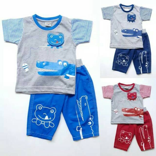 Baju Setelan Anak Cowok Laki-laki Kaos Crocodile garis Celana Katun