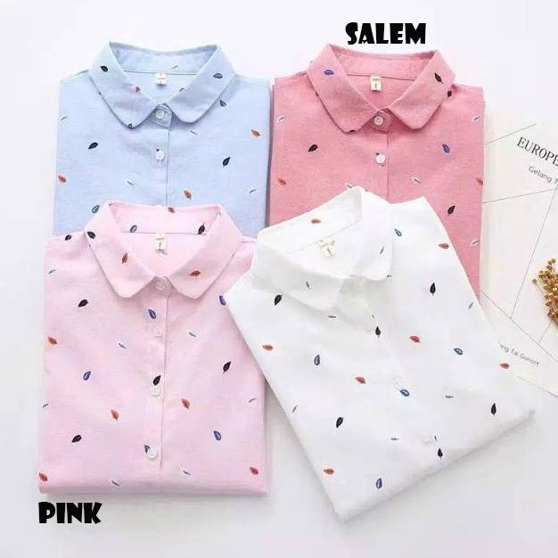 PROMO Baju Kemeja Fashion Leaf Motif Daun Lengan Panjang Wanita Murah