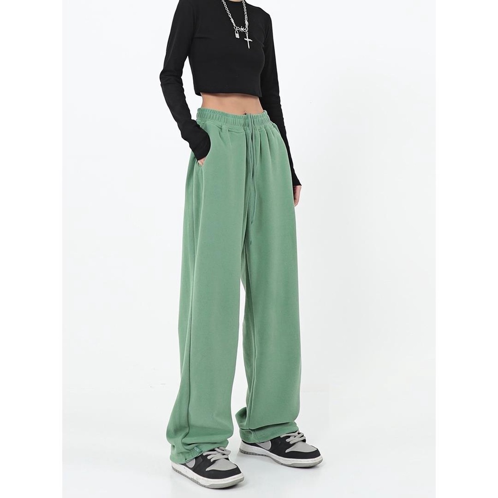 Suhao American Green Sweatpants Celana Wanita Kaki Lebar Celana Santai High Street