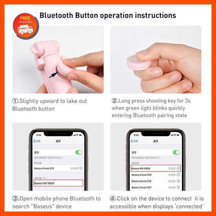 BASEUS LOVELY SELFIE STICK | TONGSIS TRIPOD HOLDER BLUETOOTH SHUTTER MERAH MUDA