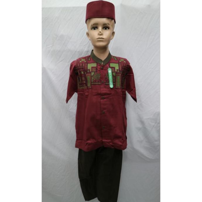 grosir baju setelan koko anak laki - laki muslim lengan pendek merah - merah, 4-5 tahun kad6