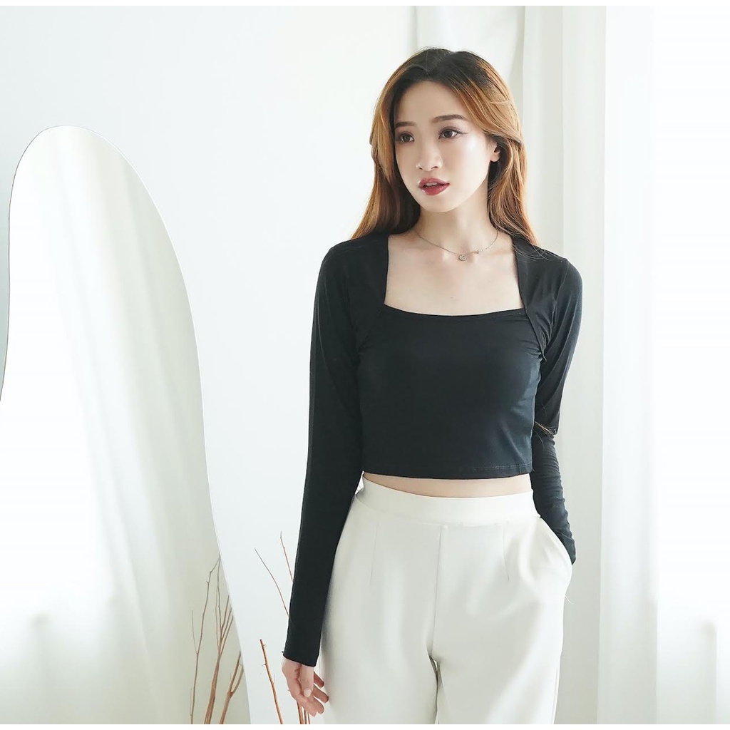 Baju Longsleeve Crop Top Baju Lengan Panjang Wanita Crop Tee Square Neck 084