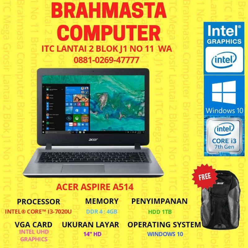 Acer Aspire 5 A514-52K-31VK Intel core i3-7020U Ram 4GB Harddisk 1TB