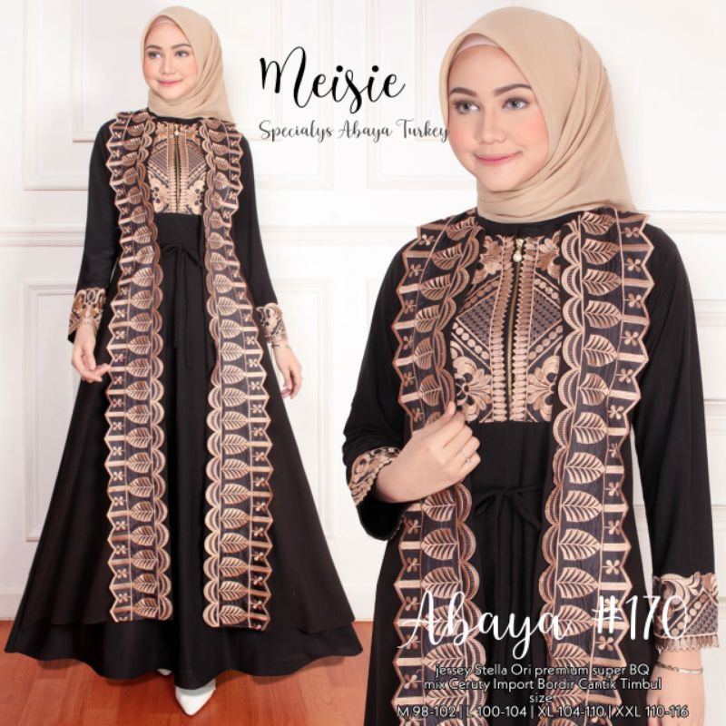 Gamis Abaya Jersey Black Bordir ori Meisie Solo