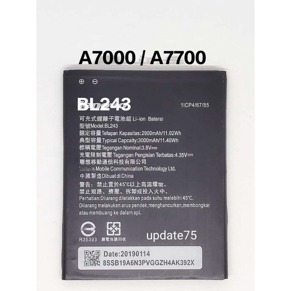 Baterai batrei batre A7000 A7000 Plus A7000+ A7700 A7700 Plus K3 Note Bl243