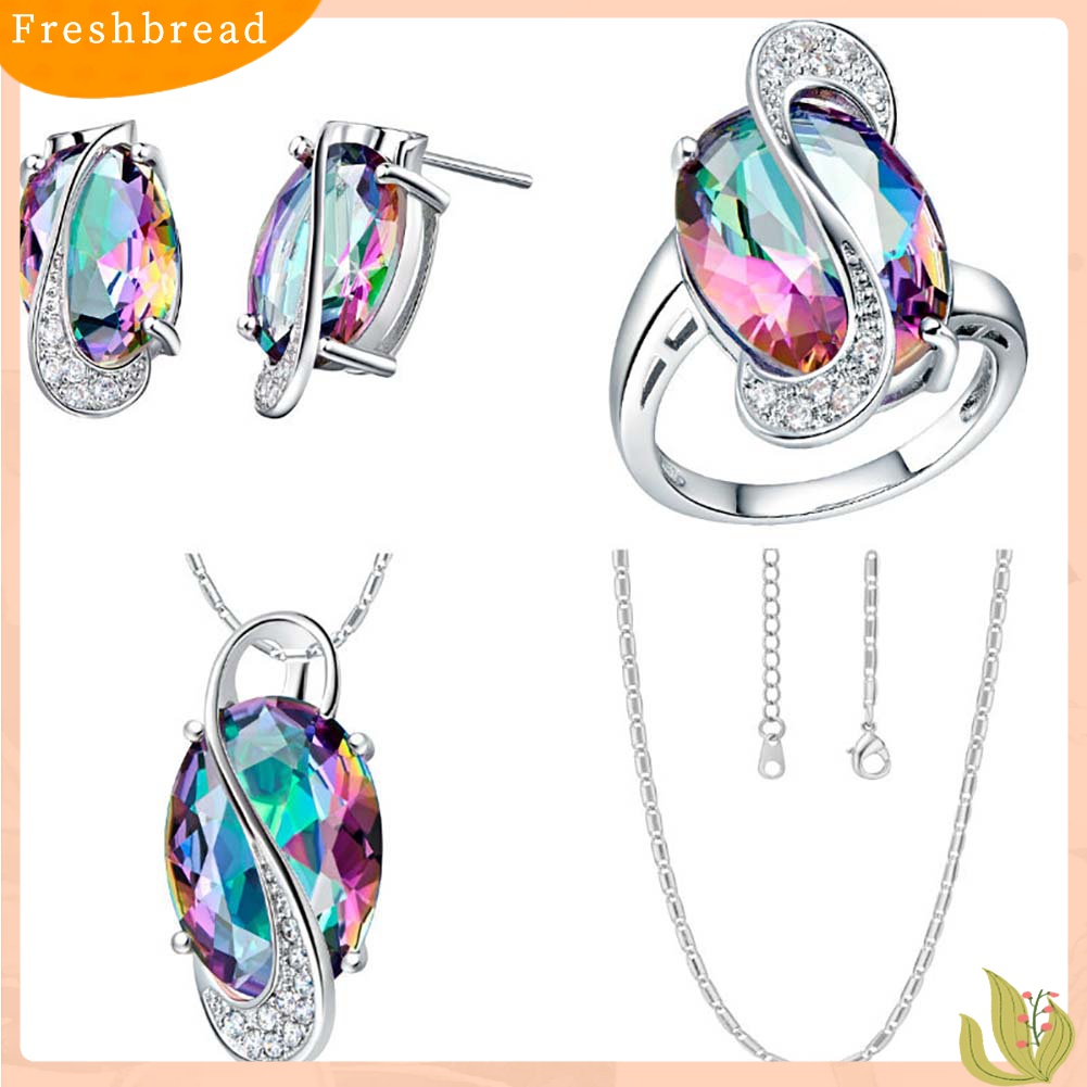 Terlaris Fashion Women Rainbow Faux Topaz Pendant Necklace Earrings Ring Jewelry Set