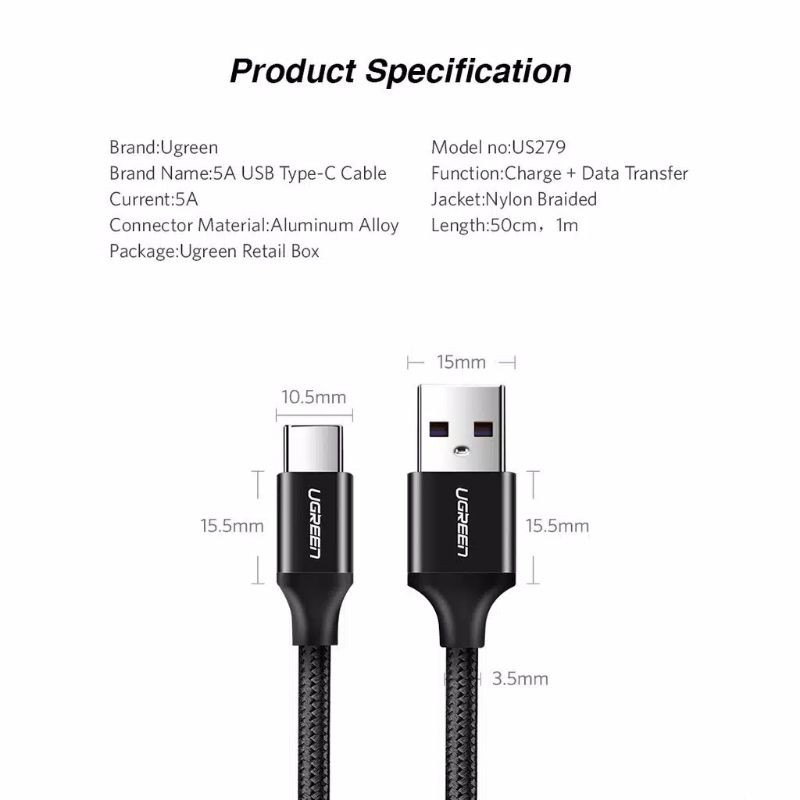 UGREEN Kabel Charger USB Type-C Fast Charging 5A Super Charge