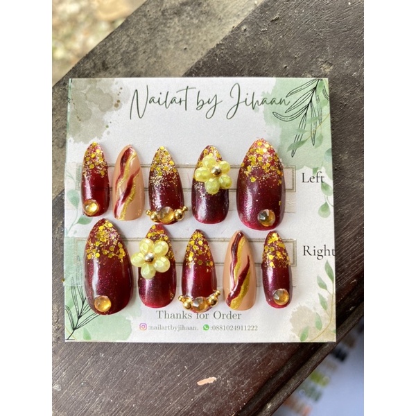 NAIL ART KUKU PALSU WEDDING SIMPLE MAROON