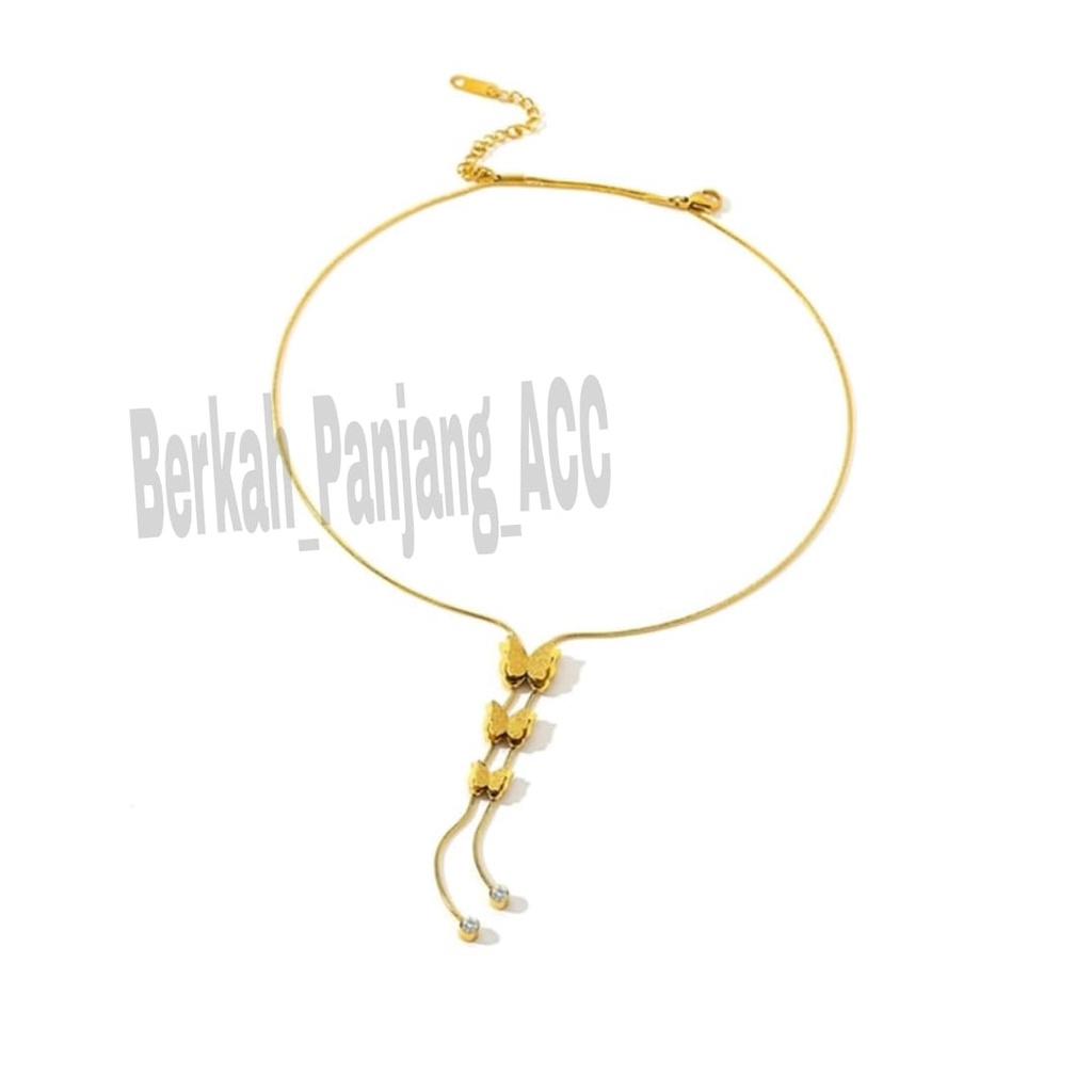 KALUNG TITANIUM TRIO KUPU DIAMOND DESAIN SUPER ELEGAN  KOREA PERHIASAN ANTI KARAT DAN ANTI LUNTUR