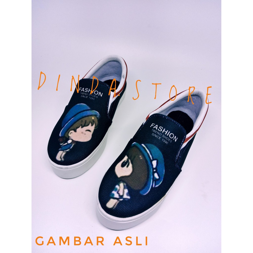 DINDA - SEPATU WANITA SLIP ON COUPLE TEEN PRINTING BEST SELLER MURAH - HITAM