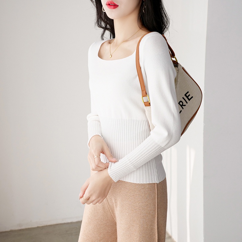 【Elegant】Fashion Plain Casual Square Neck Long Sleeve T-Shirts 7370