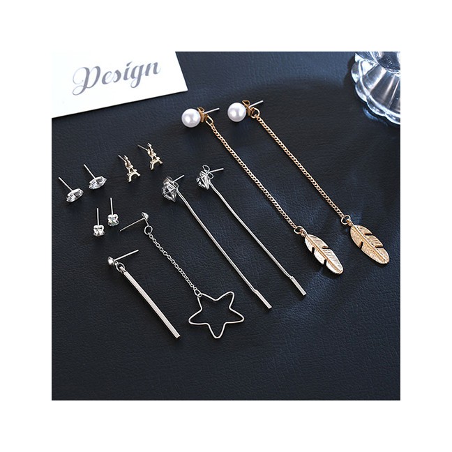 LRC Anting Set Fashion Gold Color+silver Color Feather&amp;star Pendant Decorated Earrings(12pcs)