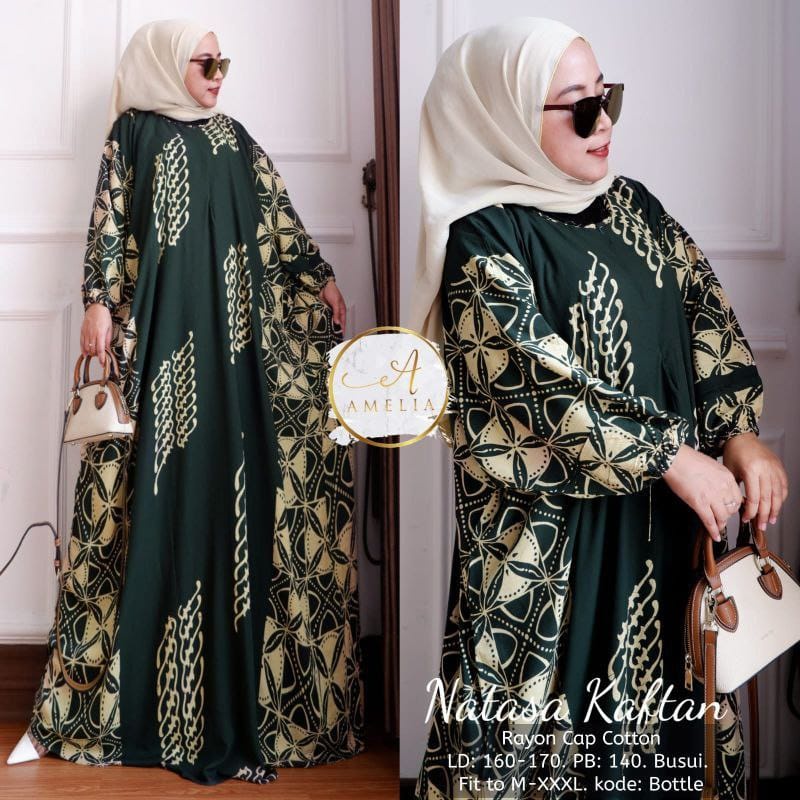 Kaftan Wanita - Natasa Kaftan Size Jumbo XXXXL Motif Sogan Zigzag by Batik AW Busui Resleting Lengan Panjang / Gamis Rayon Jumbo Kaftan Terbaru