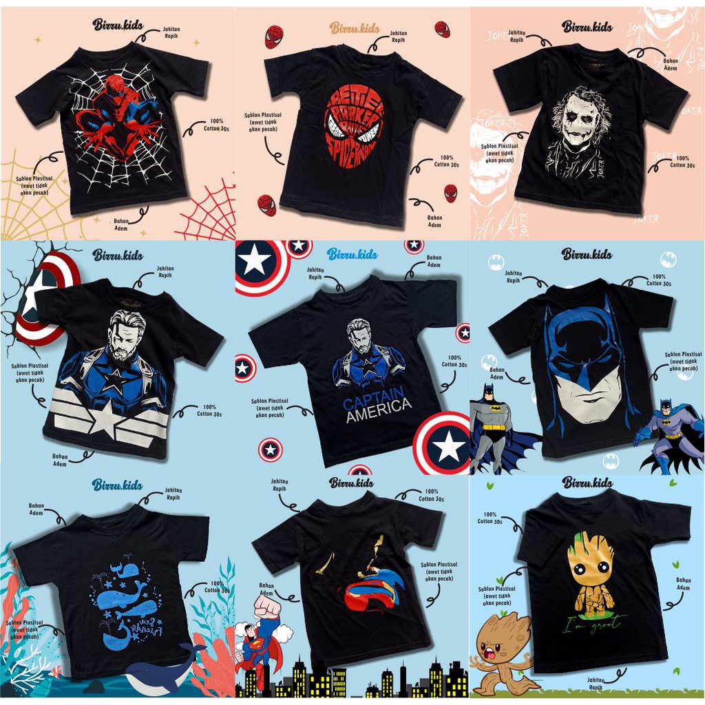 (GROSIR) BAJU KAOS anak laki-laki perempuan SUPERHERO lucu TERMURAH usia 1-7 tahun