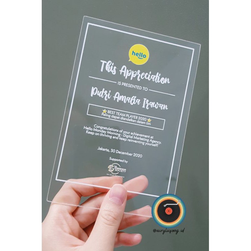 Plakat / Sertifikat Apresiasi Akrilik Certificate of Appreciation Print on Acrylic