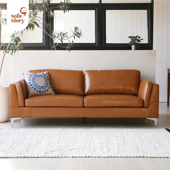 Sofa Minimalis 3 Seater Modern Kulit Kalevi Coklat | Kursi Tamu Minimalis