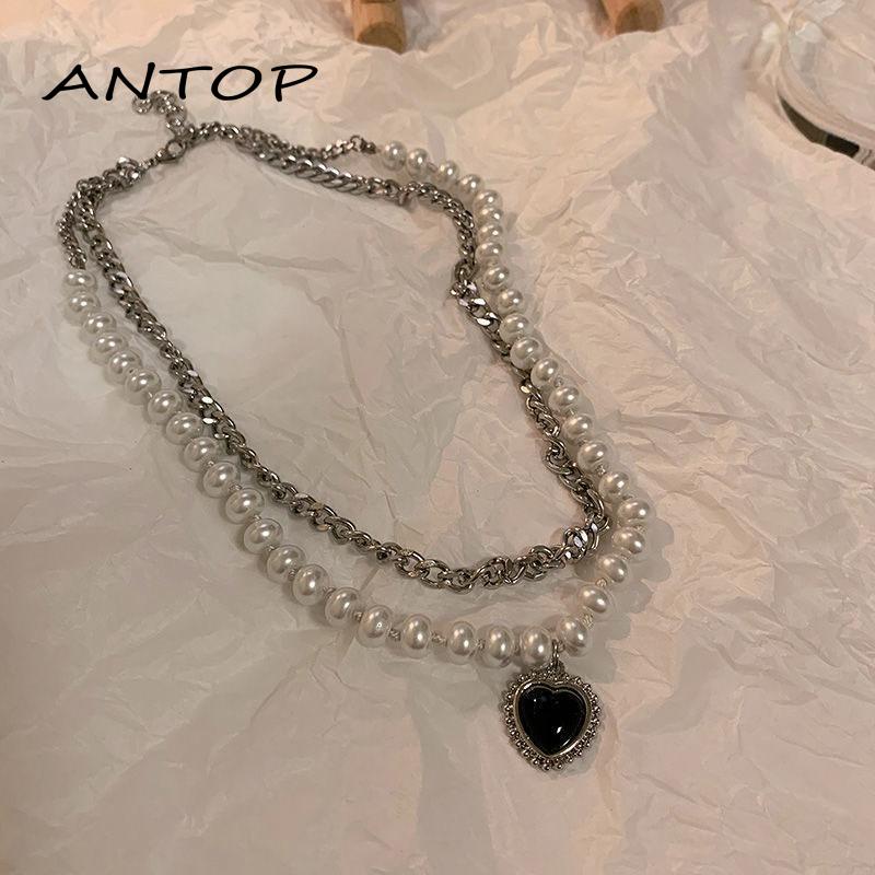 Kalung Rantai Klavikula Model Double Layer Aksen Mutiara Warna Hitam Gaya Retro Hip-Hop Untuk Wanita