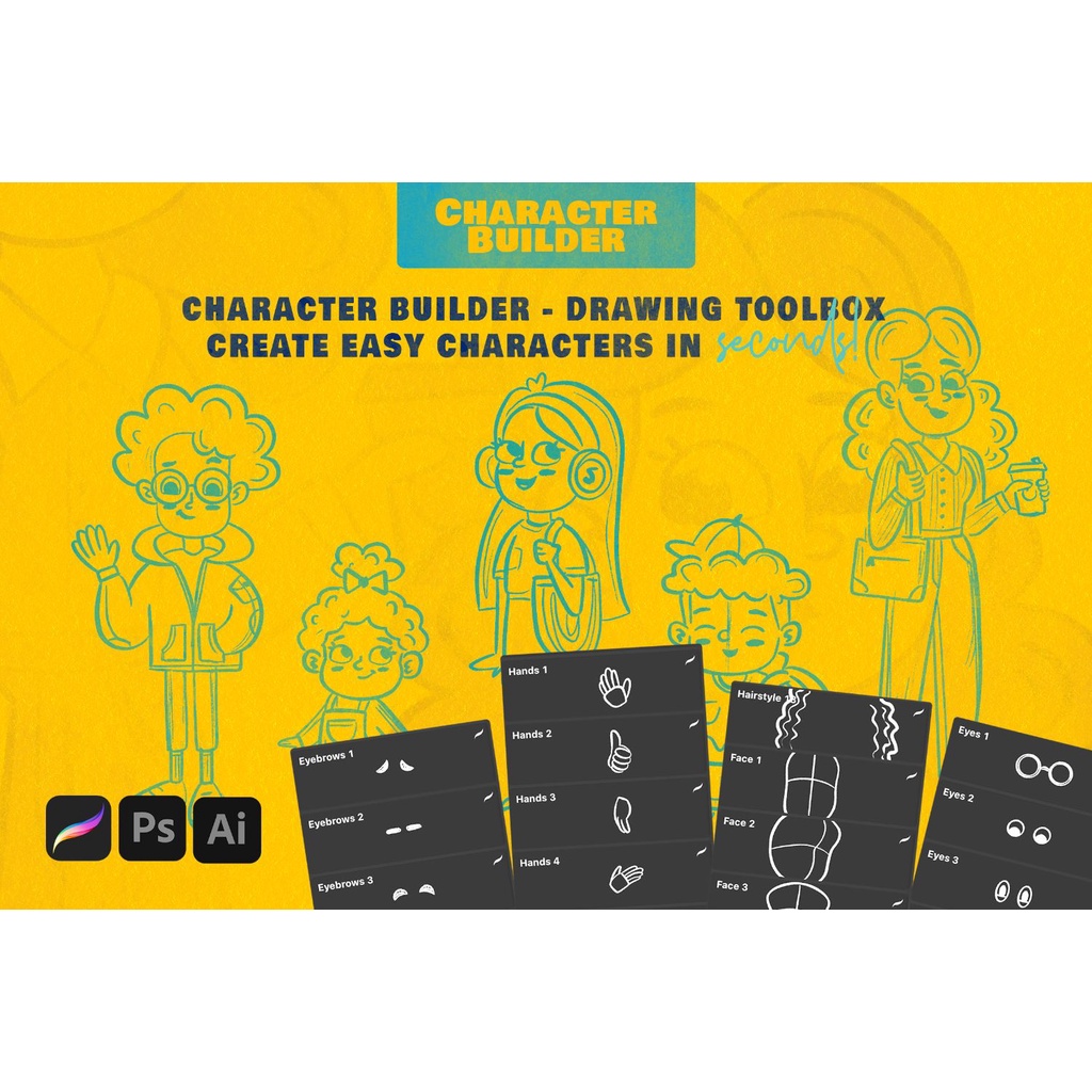 Character Builder Drawing Toolkit - Procreate - Adobe Photoshop &amp; Illustrator