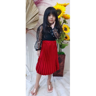 GROSIR ROK IMPORT / ROK 7/8 PLISKET BLUDRU VELVET PREMIUM  GLOSSY-MERAH 4-6 TAHUN