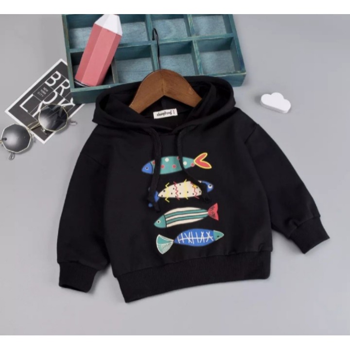 TokoMilkan - Sweater Hoodie Anak Laki Laki Atau Perempuan COLOR FISH Umur 1 - 6 Tahun Bahan Fleece