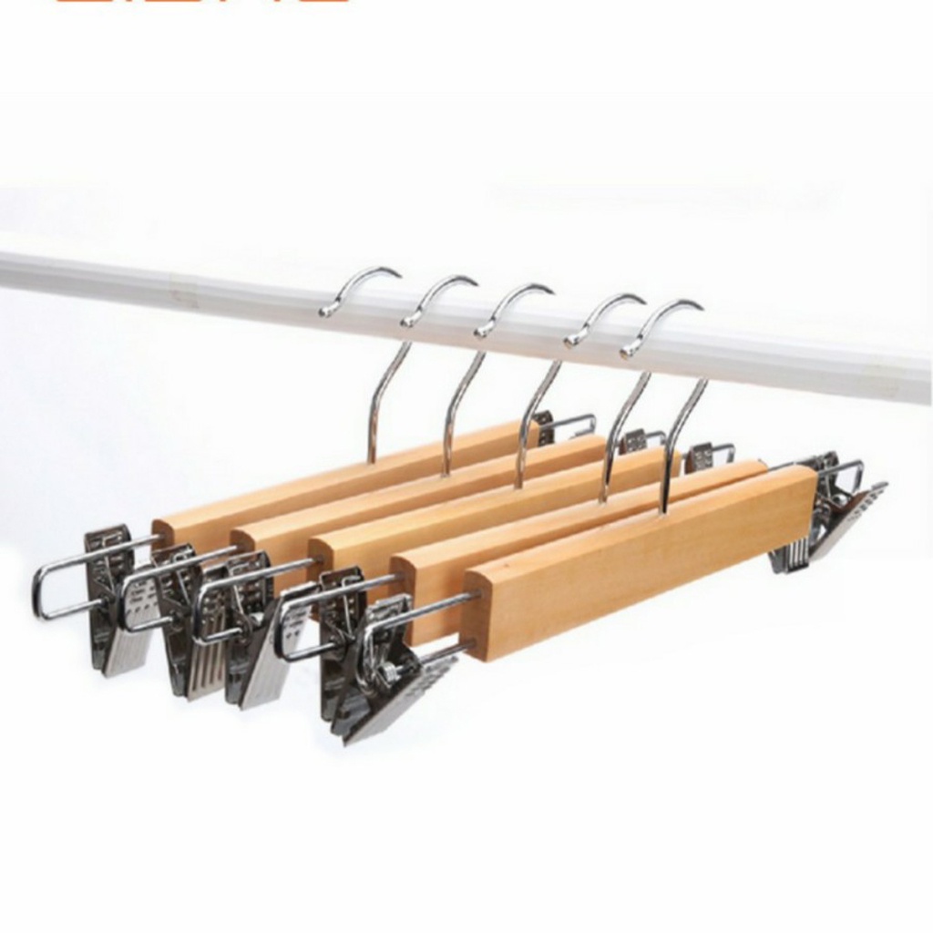 ❤GTB❤ Hanger Kayu Jepit Besi Dewasa Natural Gantungan Celana Jeans Pakaian R671
