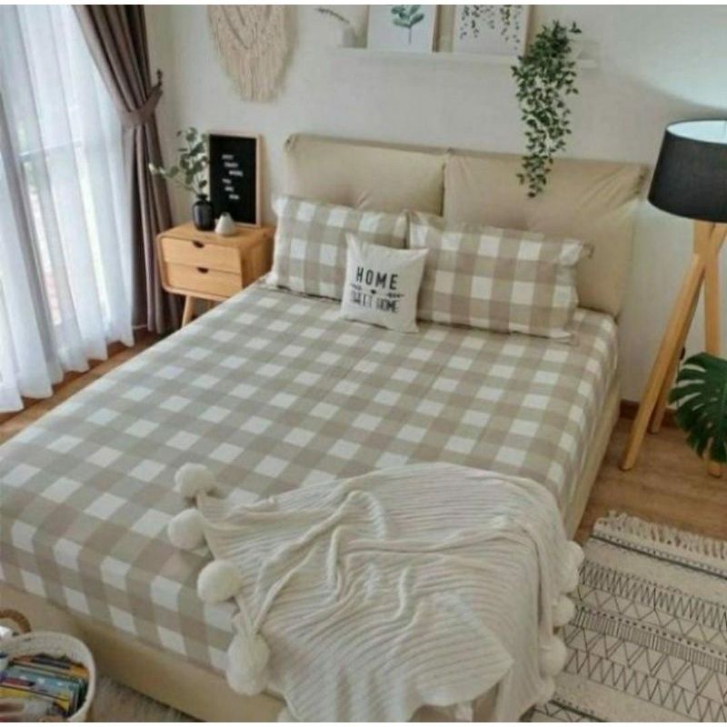 SPREI AESTHETIC MOTIF KOTAK EMILY KHAKI | SPREI KOTAK ALA KOREA INCLUDE SARBAN SARGUL