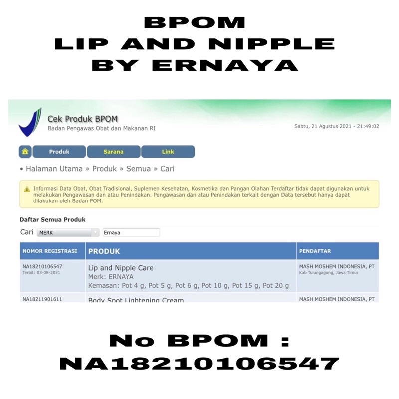 ERNAYA CREAM PEMERAH PENCERAH BIBIR DAN PUTING PERMANEN BPOM / LIP AND NIPPLE CARE