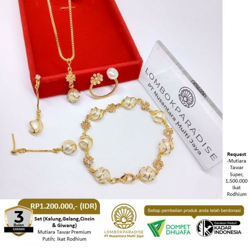 Set Mutiara Air Tawar Putih Premiun Anting,Kalung,Gelang,Cincin
