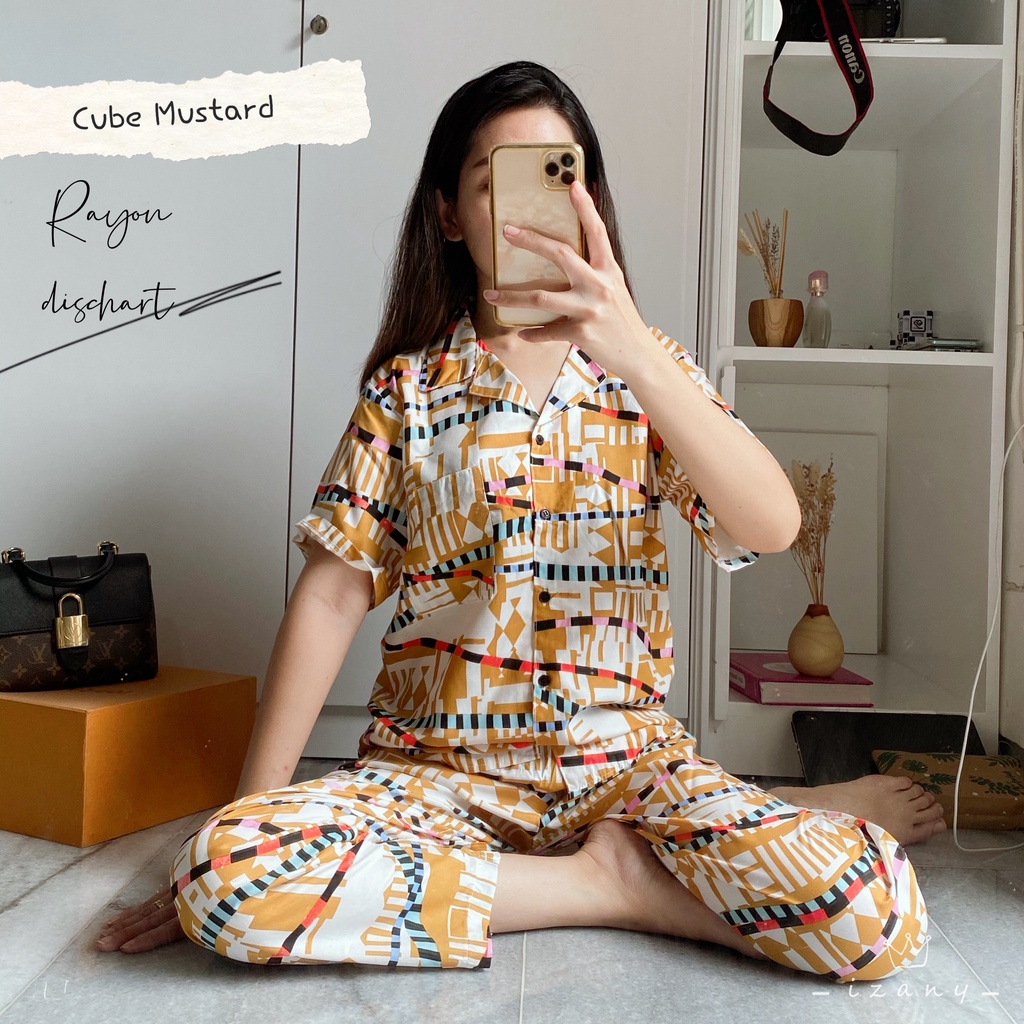 IZANY Piyama One Set Kemeja Pendek / Daily Set Kemeja Allsize Rayon Dischart-CUBE MUSTARD