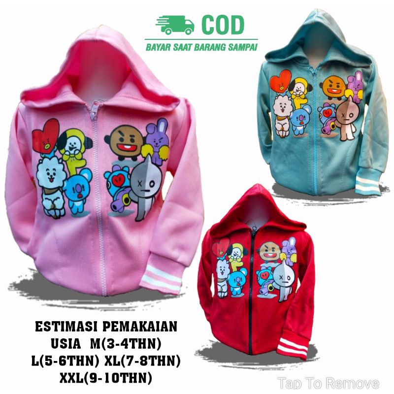 Jaket Hoodie Anak Perempuan Cewek Jaket Anak Perempuan Karakter Cantik Lucu BTS BT21 Usia Umur Paud 