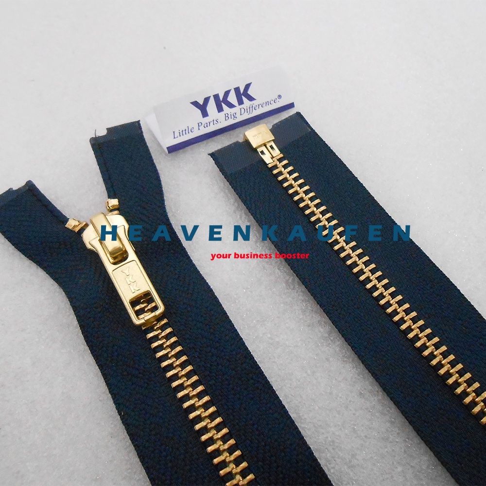 Resleting Zipper Jaket YKK 65 cm / 26 inch Warna Biru Navy Dongker - Gold Emas Set Open - End Buka - Lepas Type Gigi Besi