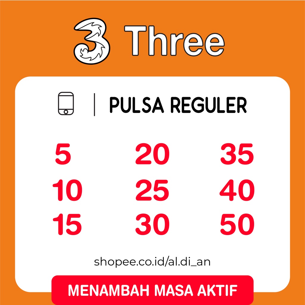 Pulsa THREE Tri Elektrik Reguler Murah 5RB 10RB 15RB 25RB 40RB 50RB Menambah Masa Aktif Proses Cepat