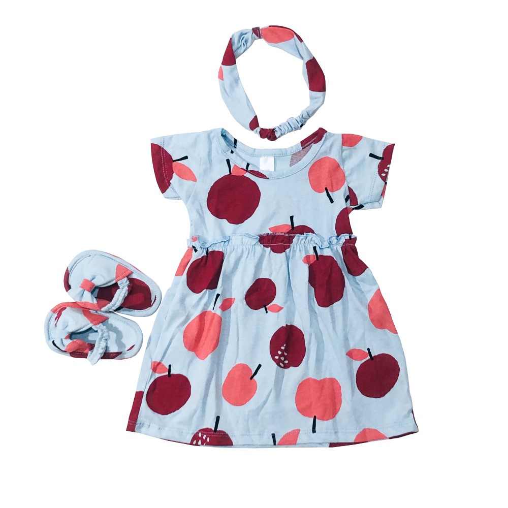 Ava 0-12 Bulan Dress Set Bayi / Dres Set Anak Bayi Little Koda - Toko Uwais Grosir-Soft Blue Apple