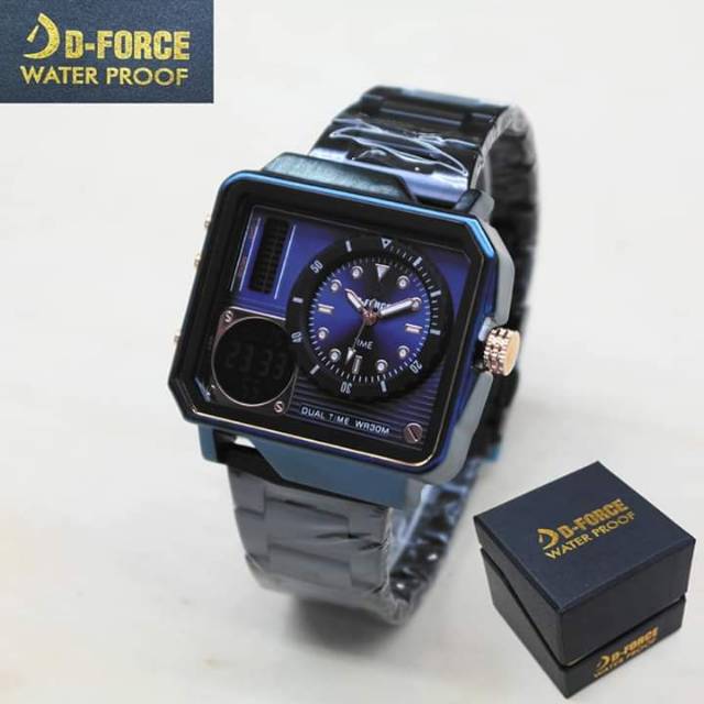 Jam Tangan Pria D-Force DF-1980 Segi Double Time Original Rantai Stainless Steel Water Resist