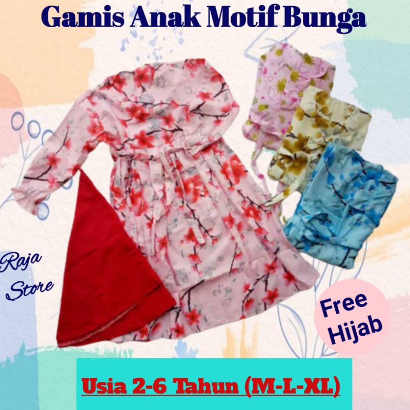 Gamis anak rempel motif bunga 2-6thn FREE HIJAB terbaru