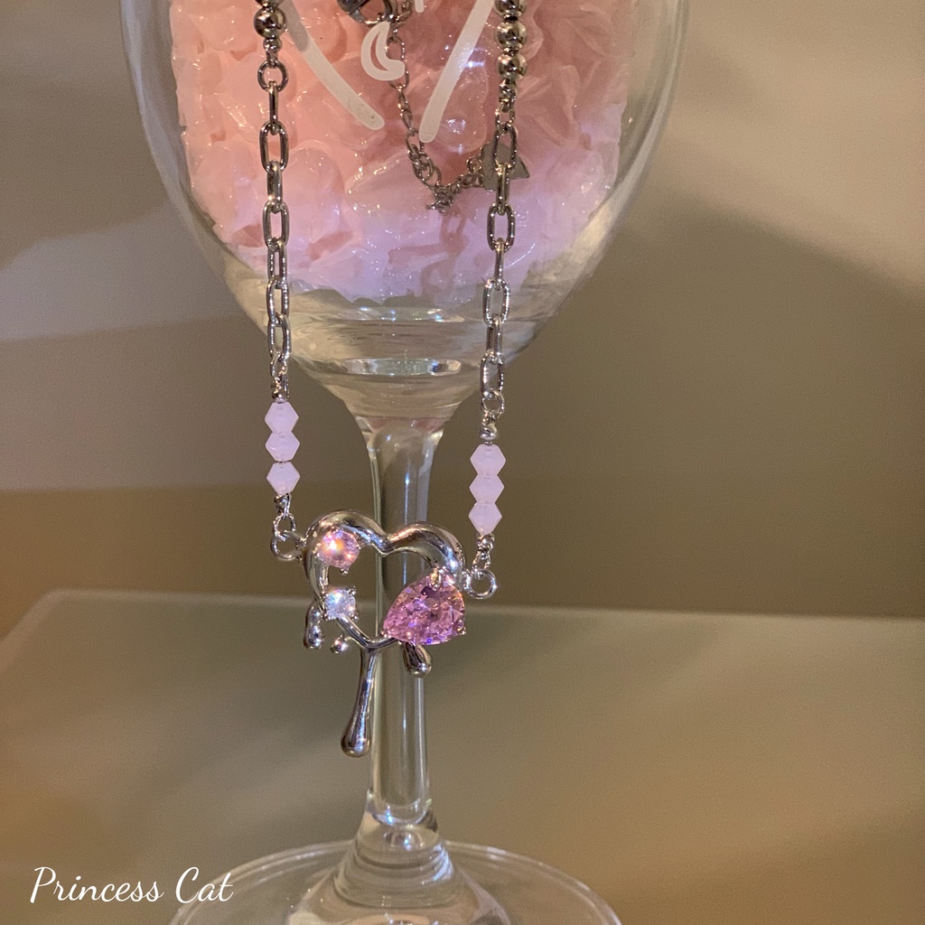 Kalung Rantai Liontin Hati Bahan Metal Hias Kristal Zircon Warna Pink Untuk Wanita