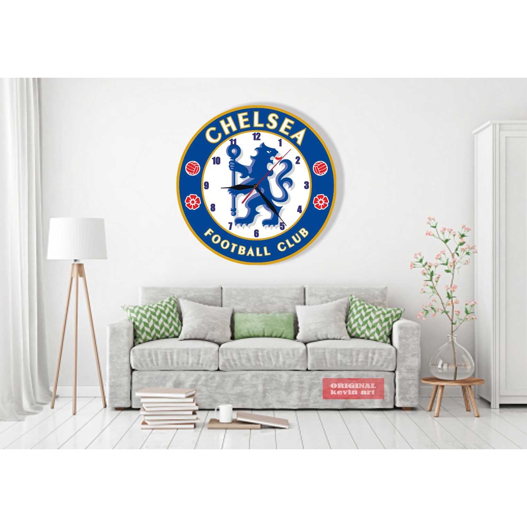 JAM DINDING KAYU UNIK BESAR KARAKTER GAMBAR LOGO CHELSEA