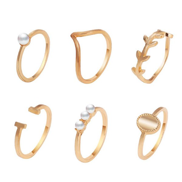 cincin set 6 pcs pearl leaf set ring jci067 (2J2)