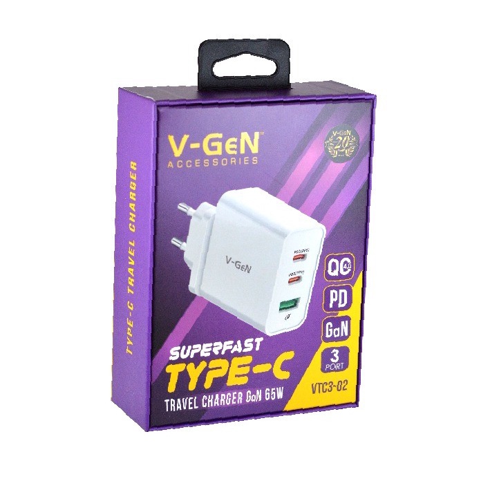 Adaptor Charger V-GeN VTC3-02 Fast Charging 2 PD QC4.0 Type C GaN 65W VGEN