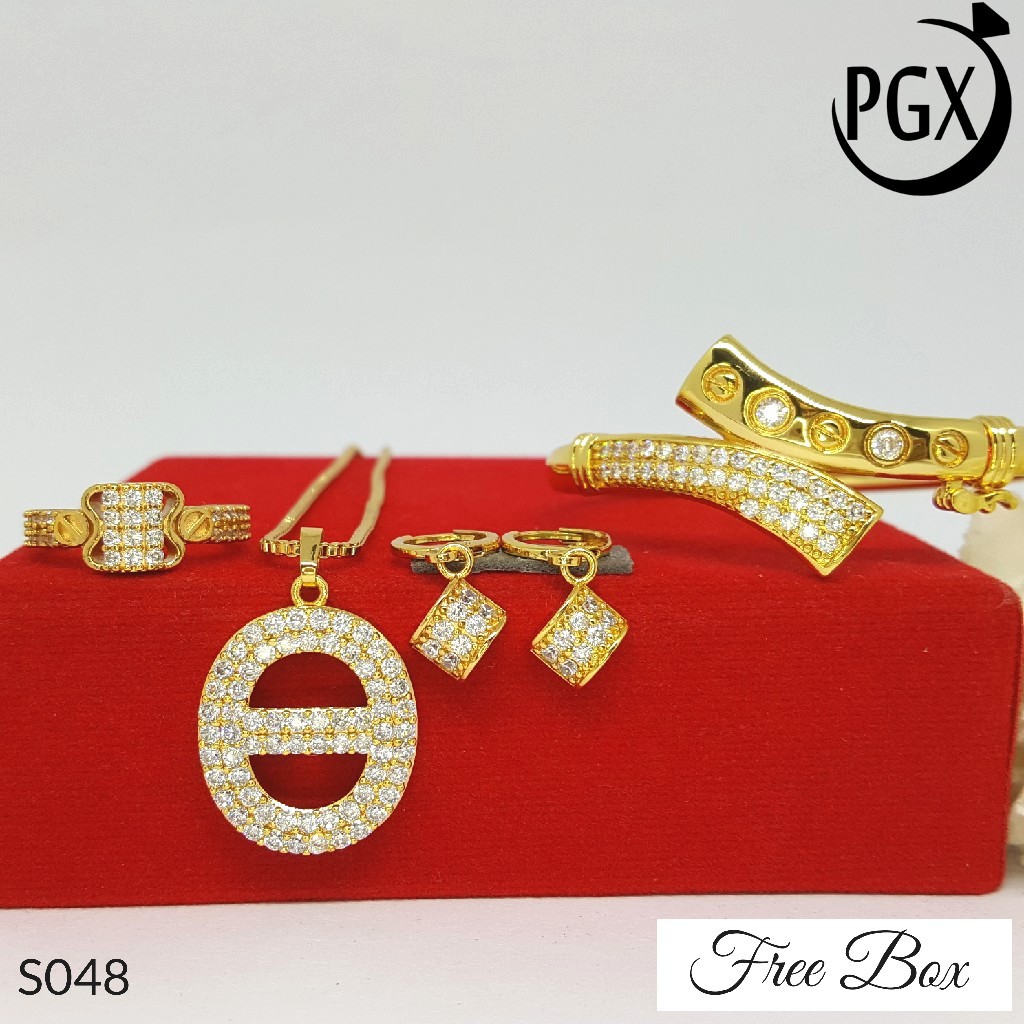 PGX Set Perhiasan Xuping Cincin Gelang Kalung Anting Lapis Emas - S048