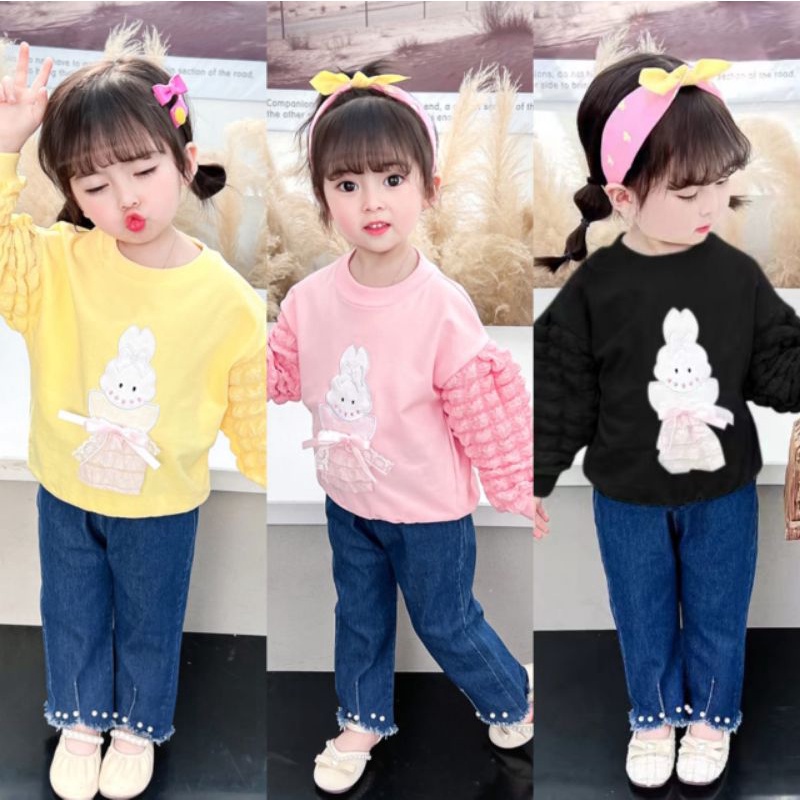 Setelan jeans import anak perempuan lengan balon