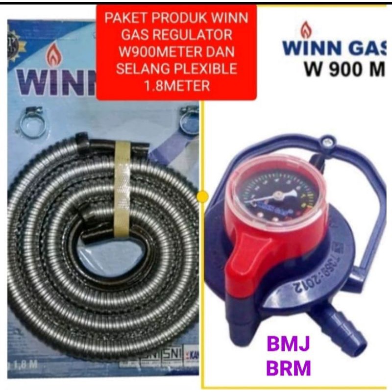 PAKET REGULATOR WINN GASS W900METER  TEKANAN RENDAH DAN SELANG GAS FLEXIBLE 1,8METER