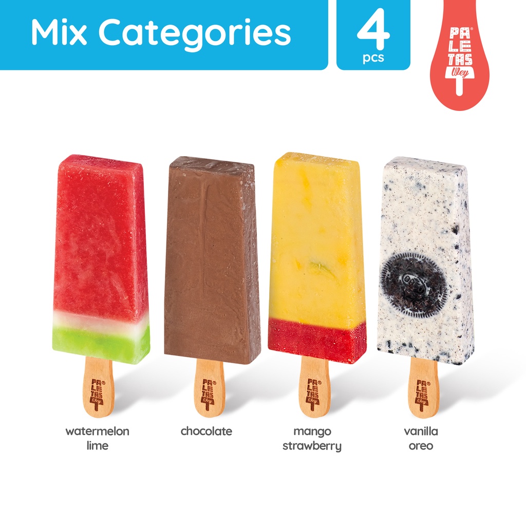 

Es Krim Paletas Wey Vanilla Oreo, Chocolate, Mango Strawberry, Watermelon Lime