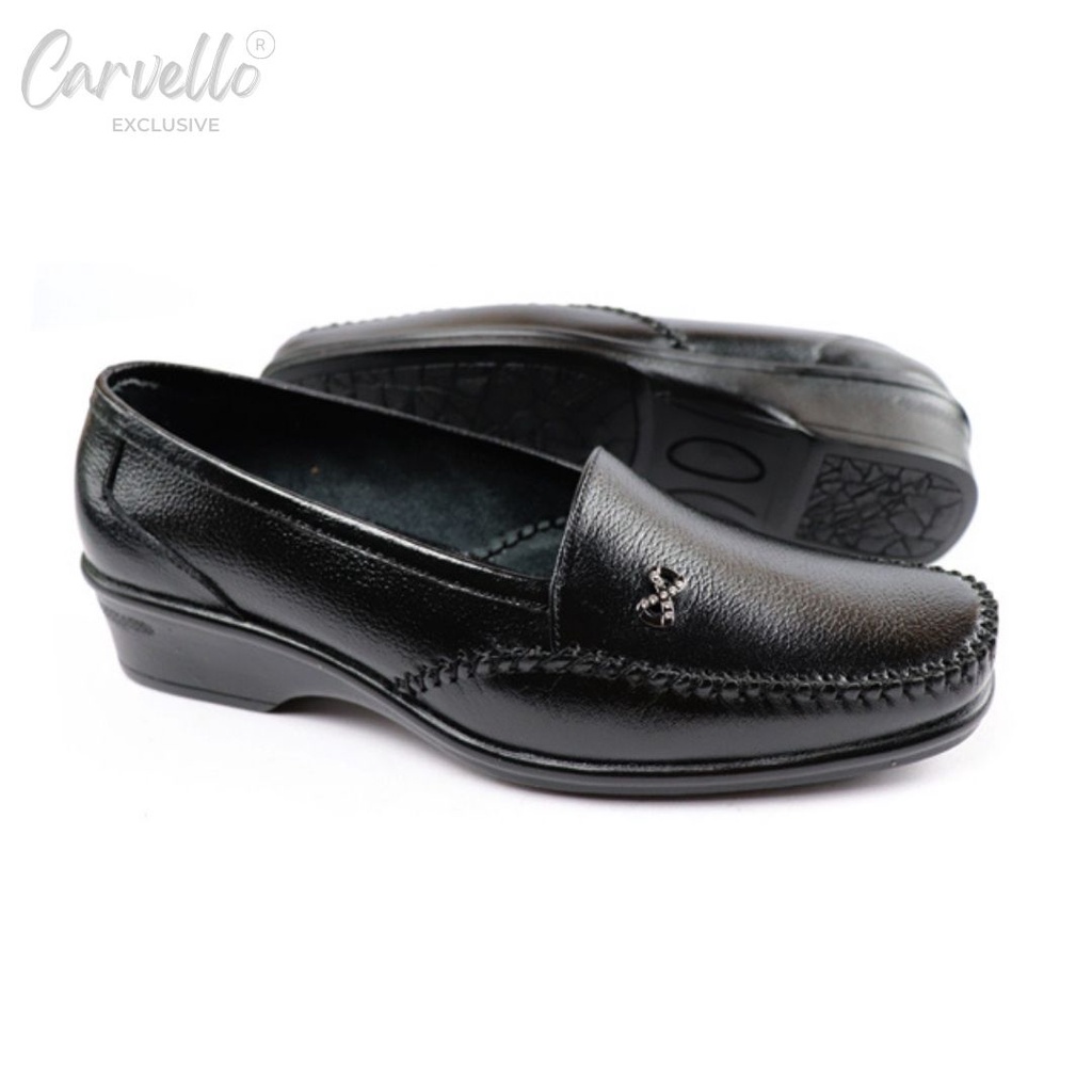 Sepatu Pantofel Wanita Kantor Flat Shoes CARVELLO 1205 Hitam Kulit Asli