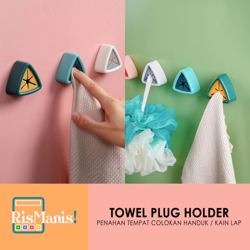 TOWEL PLUG HOLDER Gantungan Penjepit Kain Lap Hanger Colok Hook Tempel Kait Penahan Handuk Wastafel